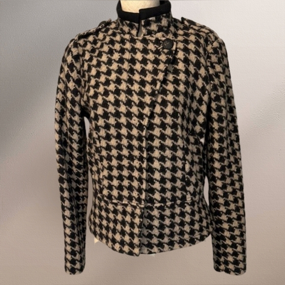 BANANA REPUBLIC Houndstooth Moto Jacket Wool Women Size XL Black Taupe - Picture 2 of 16